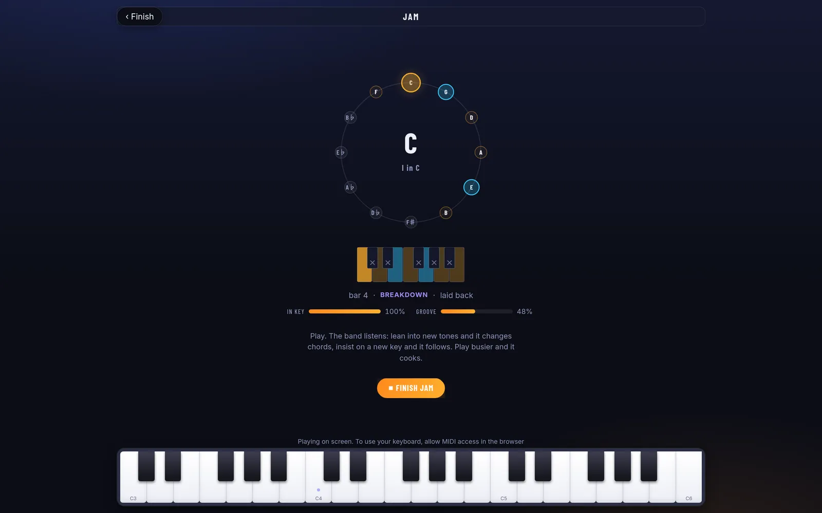 Jam mode: a circle of fifths listening to your playing