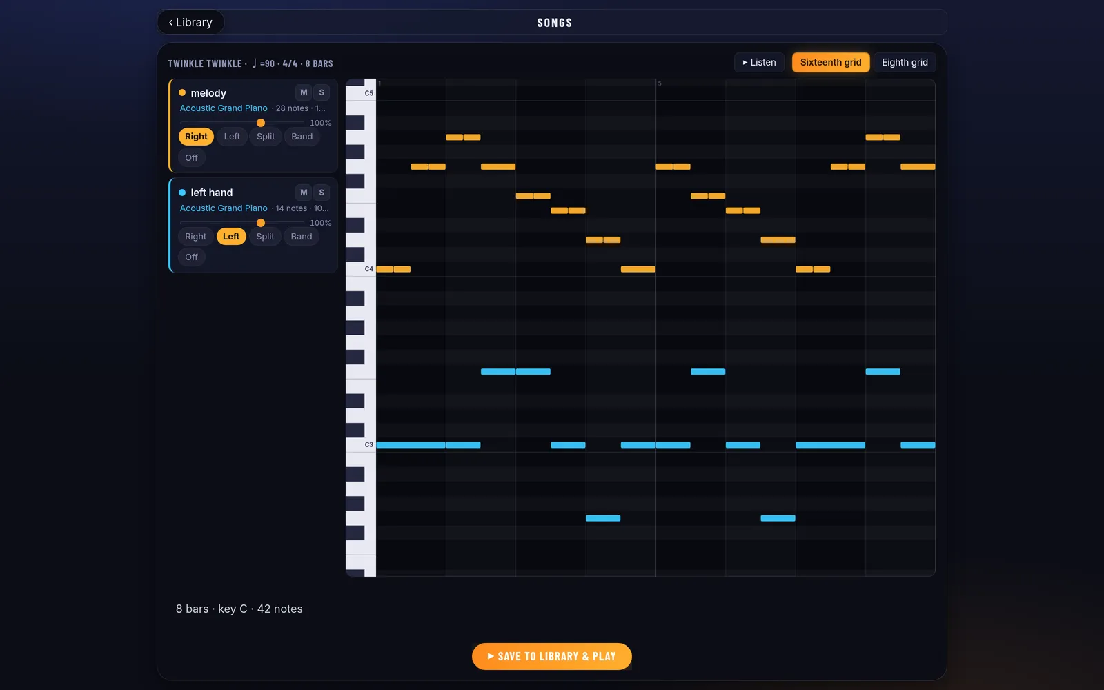 The import studio: a MIDI file split into hands on a piano roll