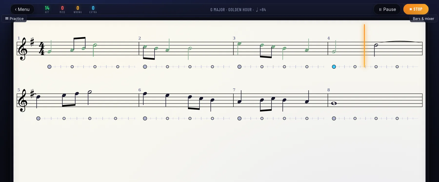 QuickClef judging a melody live: green noteheads behind the playback needle
